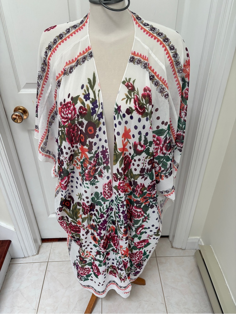 Floral Polka Dot Open-Front Kimono- White with Pink & Green - Picture 6 of 9